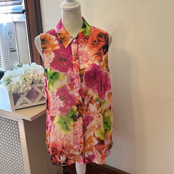 CeCe pink orange floral sleeveless sheer button front blouse Size M EUC - Picture 1 of 8